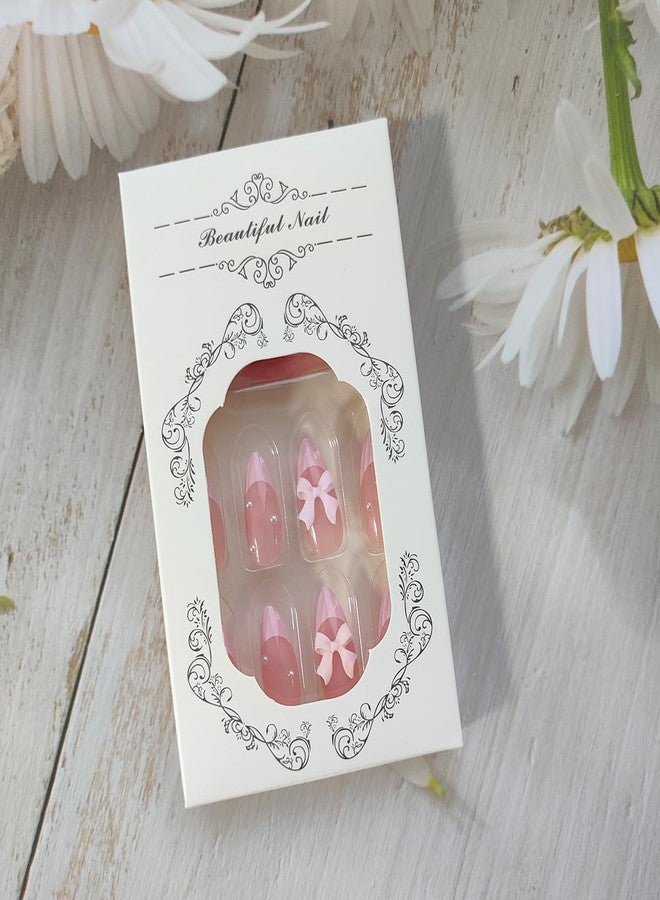OSTTMA 24Pcs French Press on Nails Almond Fake Nail Cute Pink False Nails with Bow Pearl Design Pink French Tip Acrylic Nails Luxury Glue on Nail Full Cover Artificial Nails for Women Manicure Accessories - Image 5